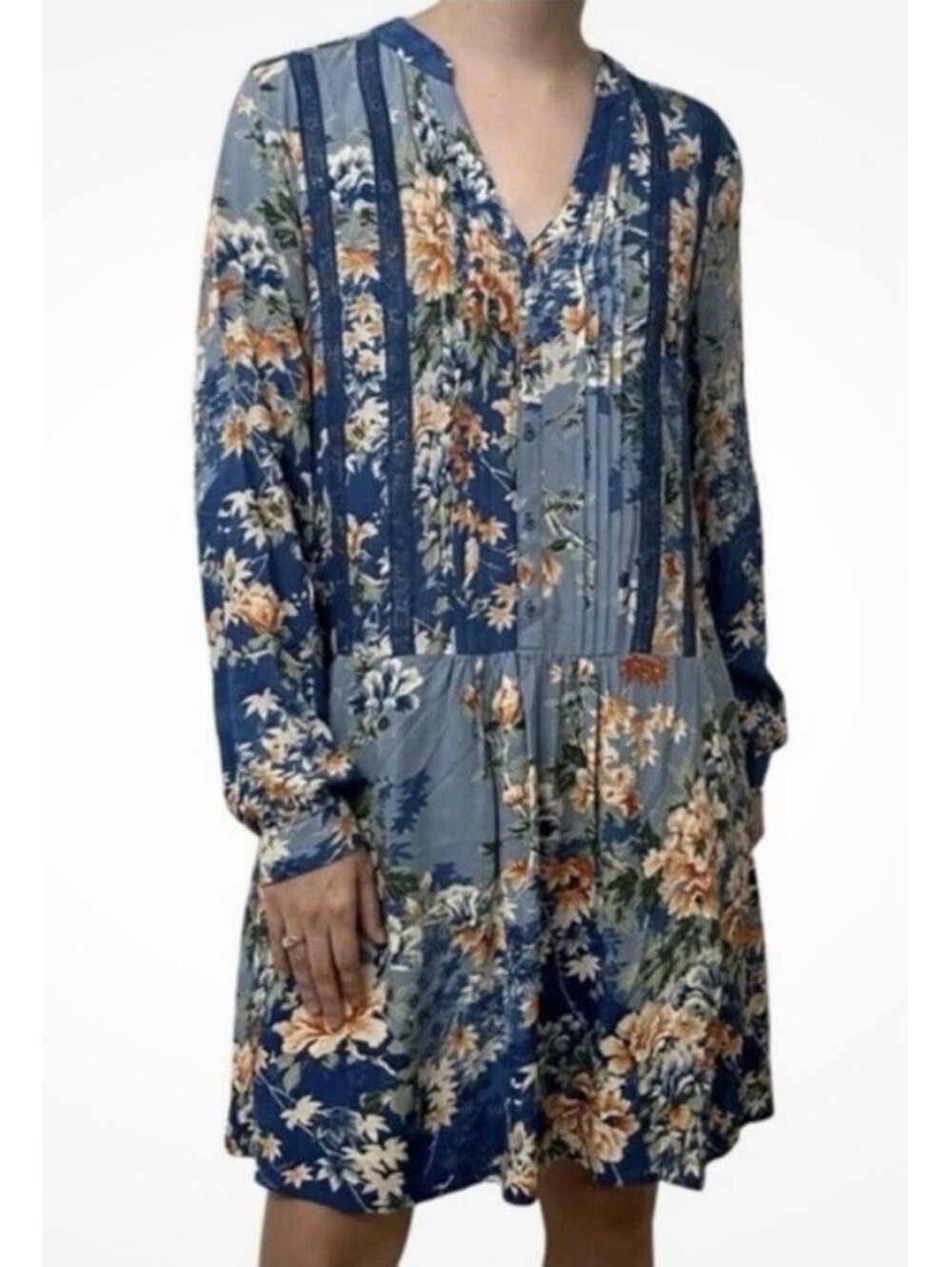 Tiny Anthropologie Blue Floral Boho Chic Lace Trim Tunic Dress Pleat Front Small